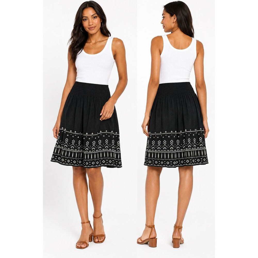 Knox Rose Women's Black Embroidered Boho Peasant Midi Skirt Elastic Waist Lined